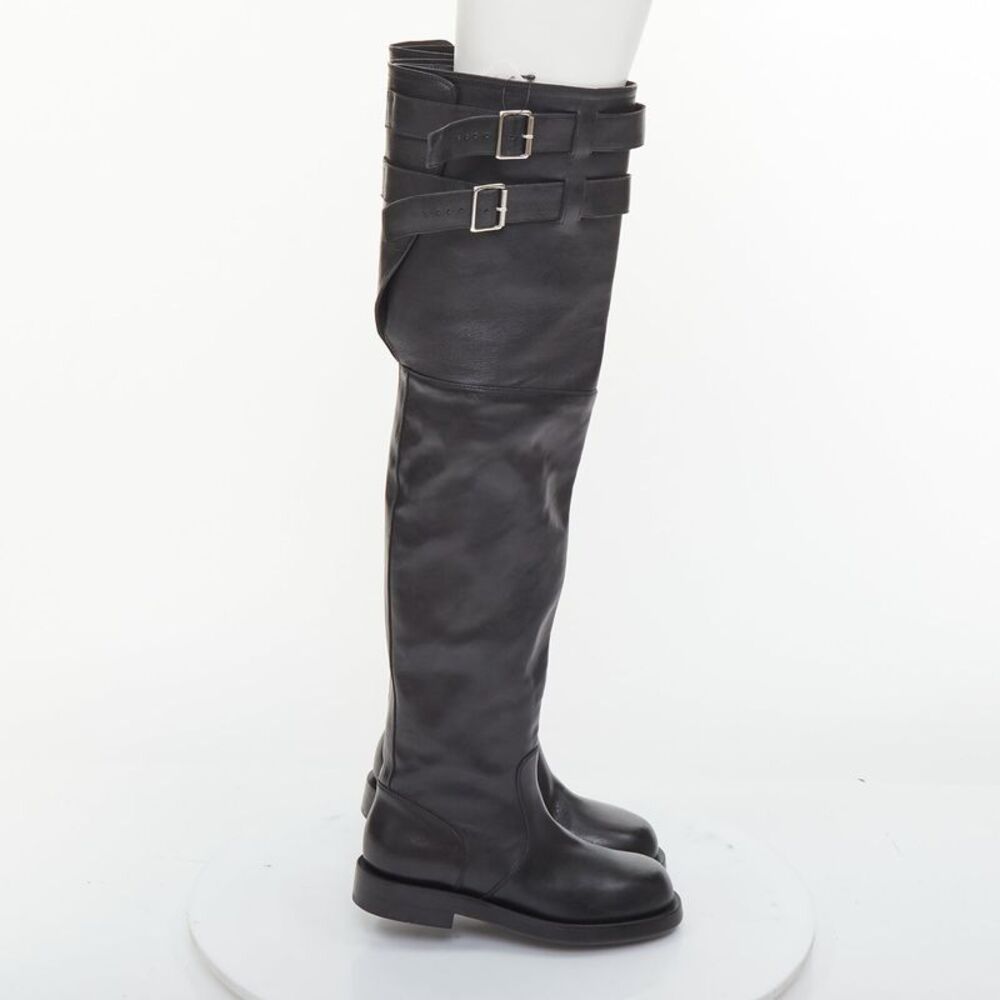 ANN DEMEULEMEESTER black leather silver multi buckles over the knee boots EU38